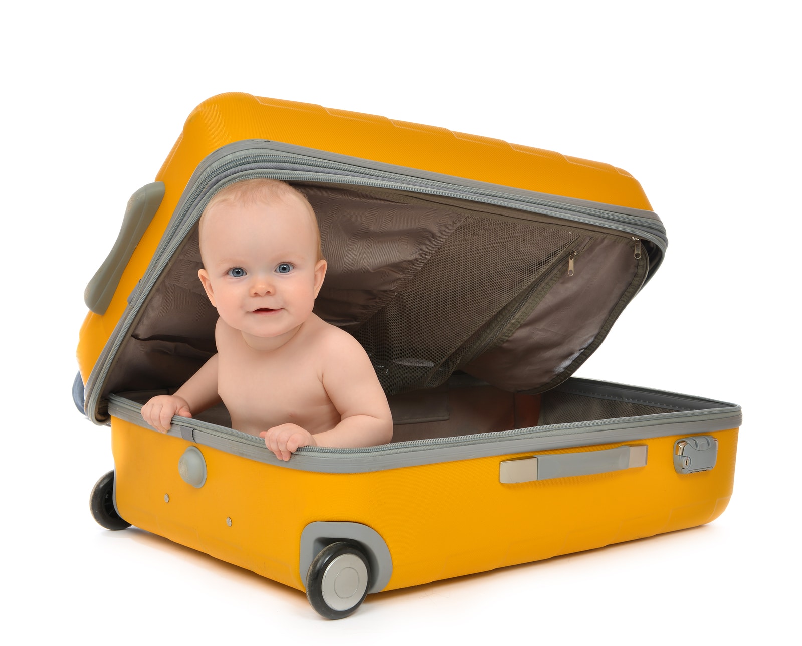 Happy Infant Baby Toddler Sitting In Yellow Plastic Travel Suitc